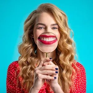 Smiling woman holding a magnifying glass over her straight white teeth