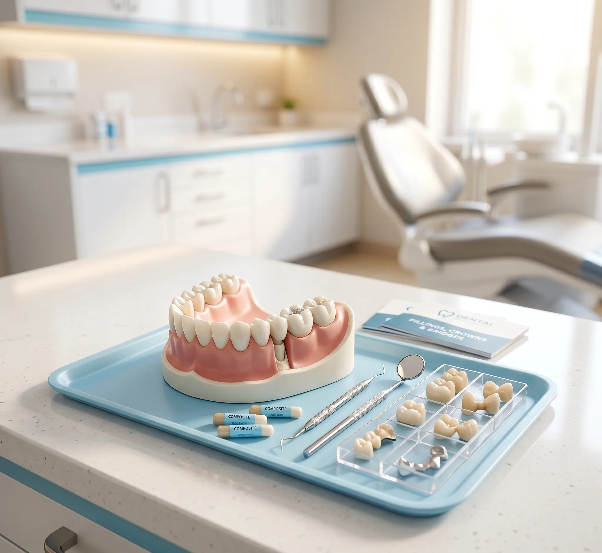 Dental crown model and instruments arranged on a treatment tray