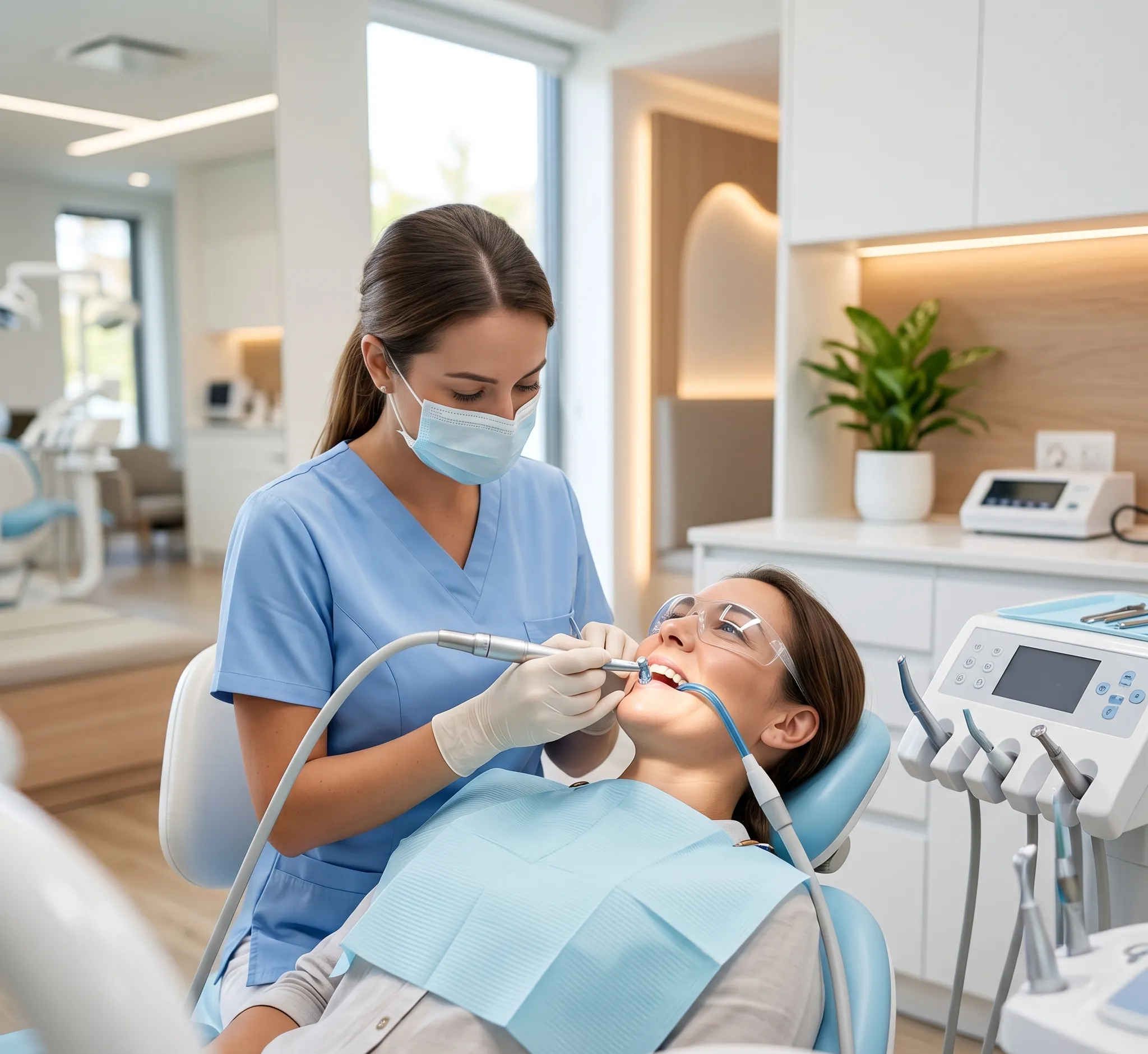Dental hygienist cleaning a patient's teeth at a modern Hialeah clinic