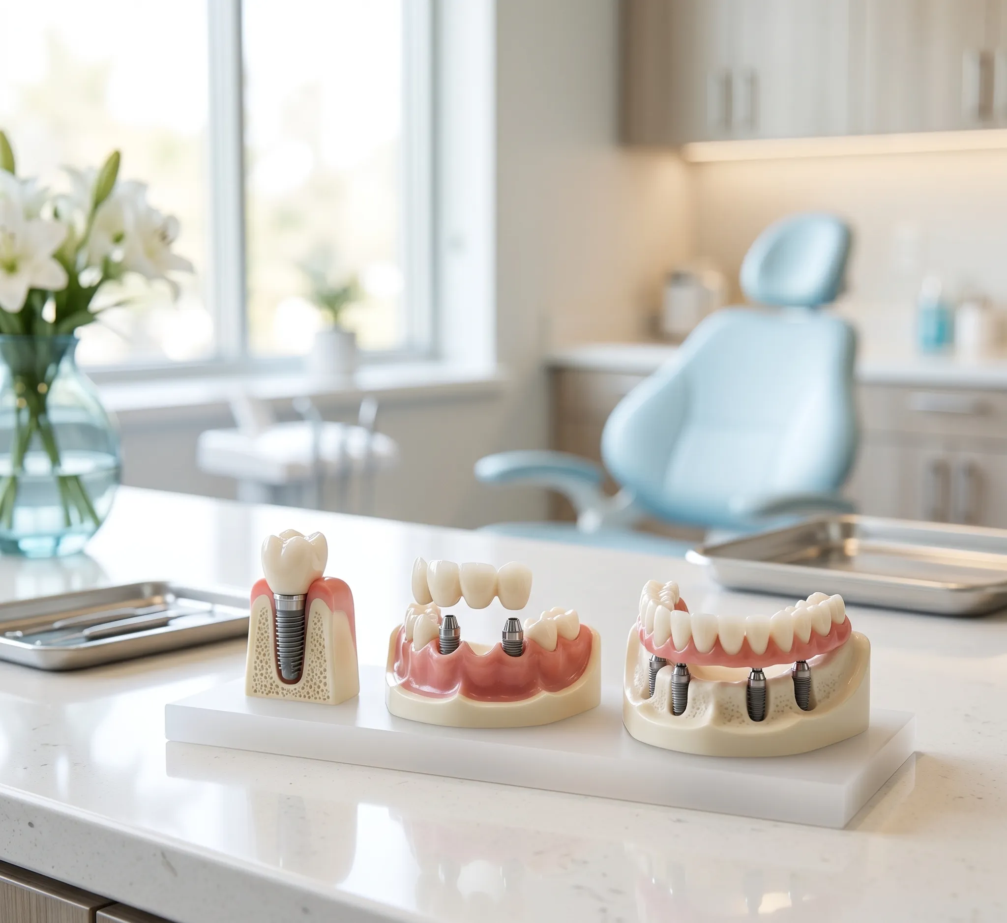 Modelos de implantes dentales mostrando opciones de un diente, puente y arcada completa