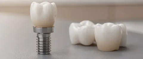 Primer plano de un implante dental de titanio con una corona de porcelana junto a un puente dental de porcelana de tres unidades sobre una superficie gris de consulta, con un consultorio dental cálido desenfocado al fondo.
