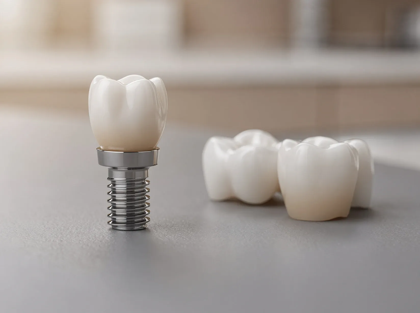 Close-up of a single titanium dental implant topped with a porcelain crown standing next to a three-unit porcelain dental bridge on a soft gray consultation surface, with a warm dental office blurred in the background.