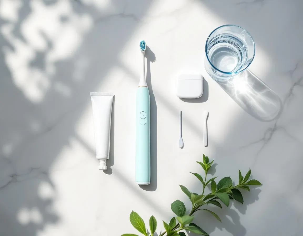 Top-down marble flat-lay with an electric toothbrush, toothpaste tube, water glass, and mint sprig in warm morning light — daily oral hygiene essentials