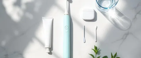 Fotografía cenital sobre mármol con cepillo eléctrico, tubo de pasta dental, vaso de agua y rama de menta bajo luz matinal cálida — esenciales diarios de higiene bucal