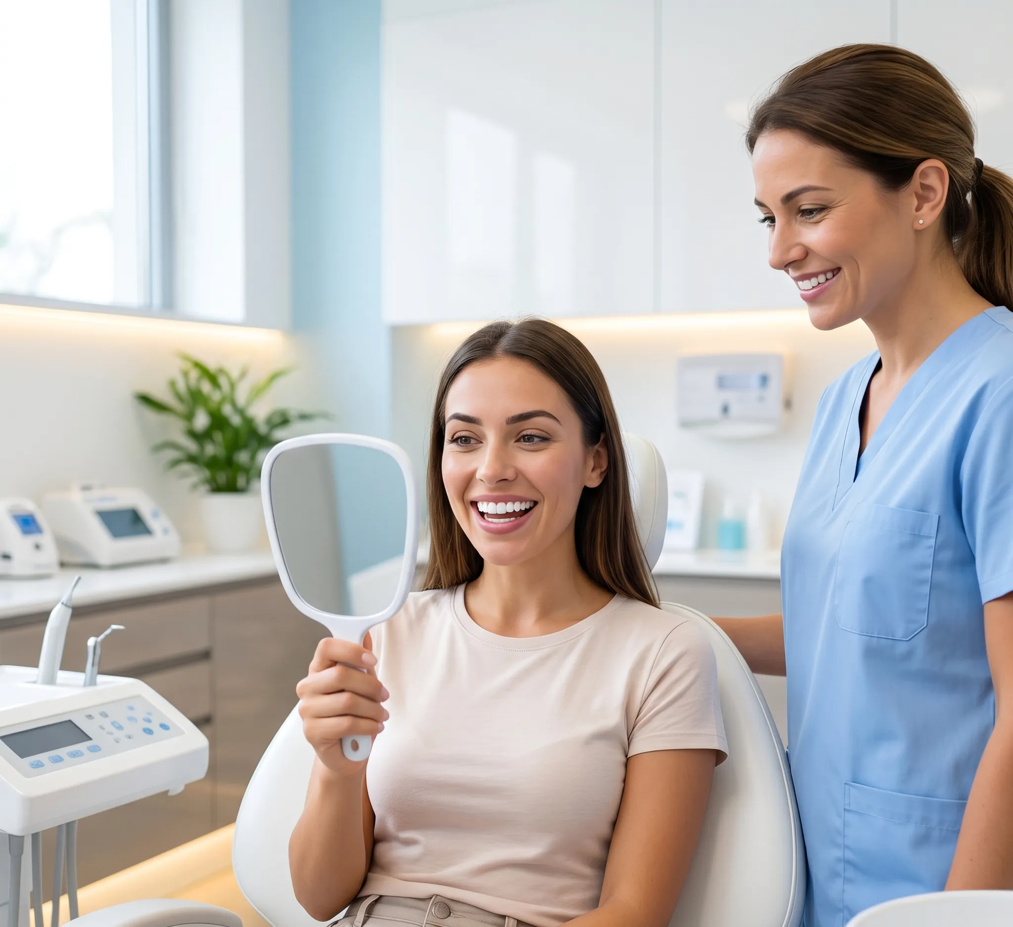 Patient smiling while holding a mirror to admire her new porcelain veneers