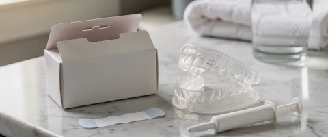 Mujer latina joven sonriendo a su reflejo en el espejo de un baño iluminado por el sol, mostrando dientes naturalmente blancos y una expresión relajada y segura